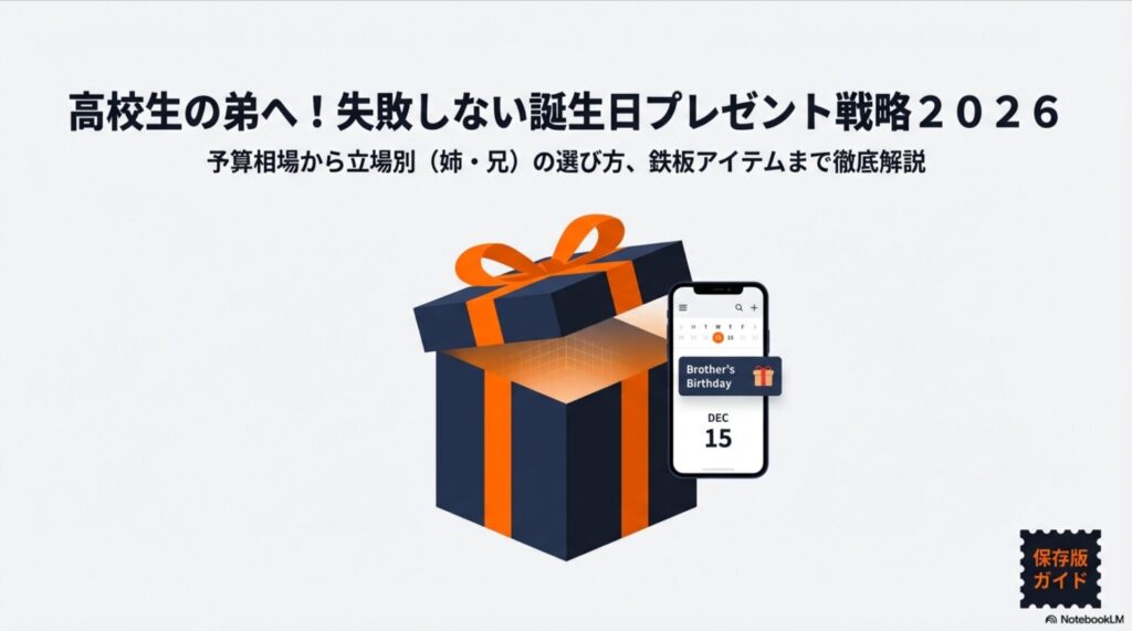 2026年版の高校生の弟向け誕生日プレゼント戦略ガイドの表紙。プレゼントボックスと12月15日のカレンダーが表示されている。