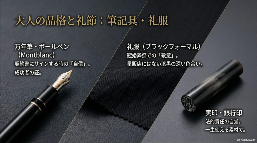 モンブランの万年筆、ブラックフォーマルの礼服、実印・銀行印など、社会人としての責任と品格を示すアイテムのまとめ。