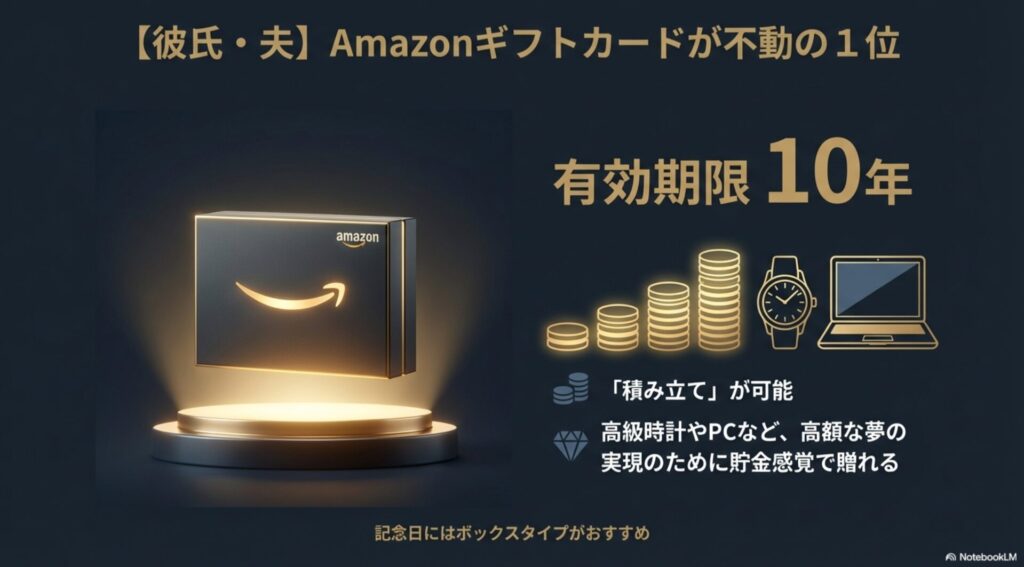 彼氏・夫にはAmazonギフトカードが一番人気。有効期限10年で高額商品のための積み立ても可能。