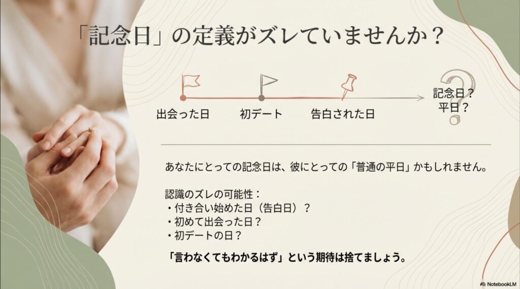 出会った日、初デート、告白日など、記念日の認識がカップル間でズレている可能性を示すスライド