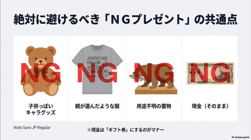 子供っぽいキャラグッズや親が選んだような服、用途不明の置物にNGマークがついたイラスト。