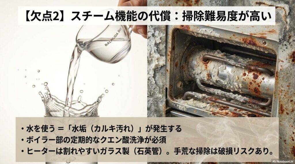 汚れが蓄積したボイラー部と、破損しやすい石英管ヒーターの掃除上の注意点を示す画像