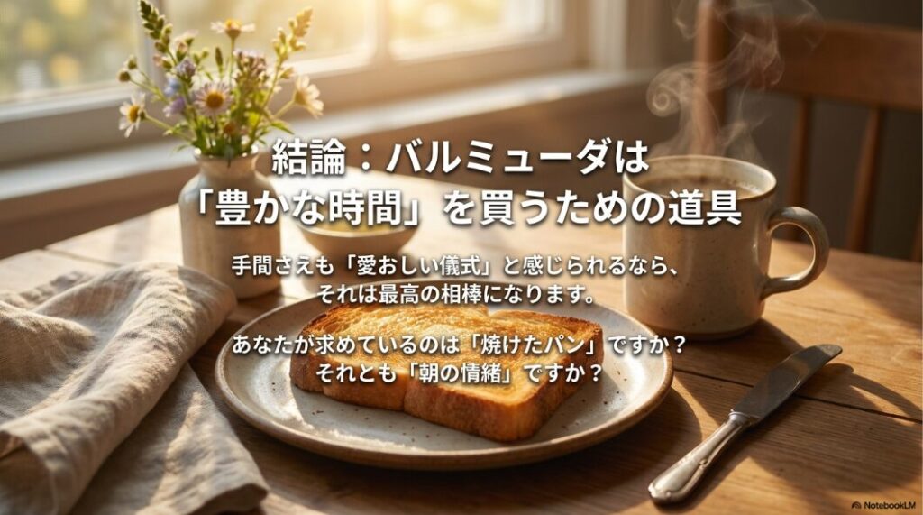 「豊かな時間を買うための道具」というメッセージと、パンと情緒の選択を問いかけるスライド