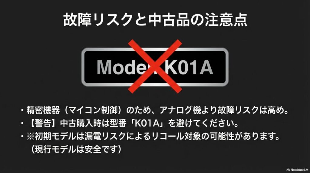 リコール対象の可能性がある初期型番K01Aを避けるよう注意を促すバツ印のついたスライド