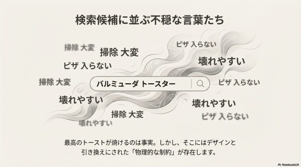 「掃除 大変」「ピザ入らない」「壊れやすい」といった検索キーワードが並ぶスライド
