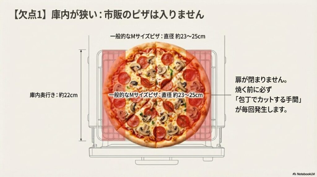 直径23〜25cmのMサイズピザが22cmの庫内奥行きに収まらず扉が閉まらない様子を説明する図解