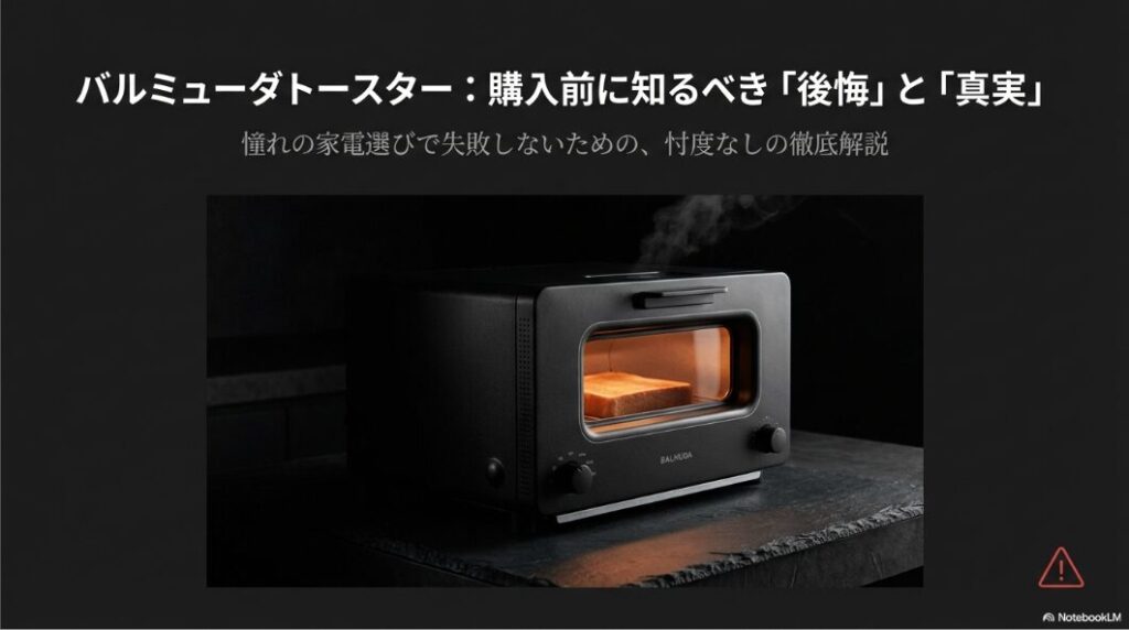 バルミューダトースターの製品画像と「後悔と真実」というタイトルのスライド