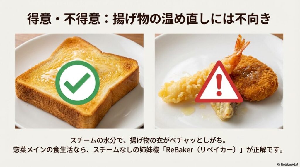 スチームで衣がベチャッとしやすい揚げ物にはスチームなしのReBakerが推奨されることを示す画像