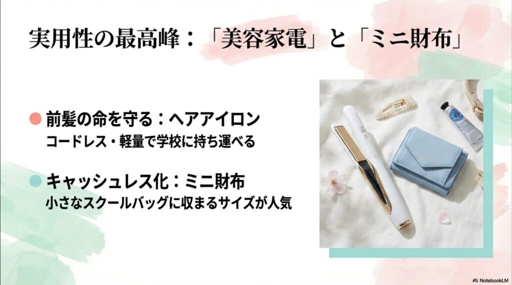 前髪を直せるReFaのコードレスヘアアイロンや、小さなスクールバッグに収まるミニ財布など、実用性の高いアイテムの紹介。