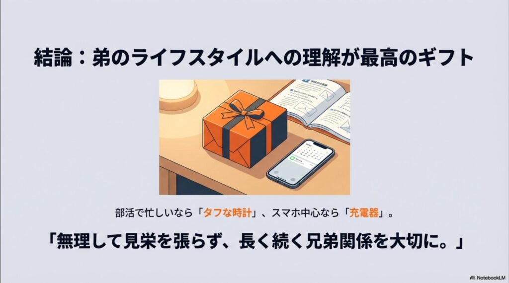 勉強机の上に置かれたプレゼントとスマホのイラスト。「見栄を張らず、長く続く兄弟関係を大切に」というメッセージ。