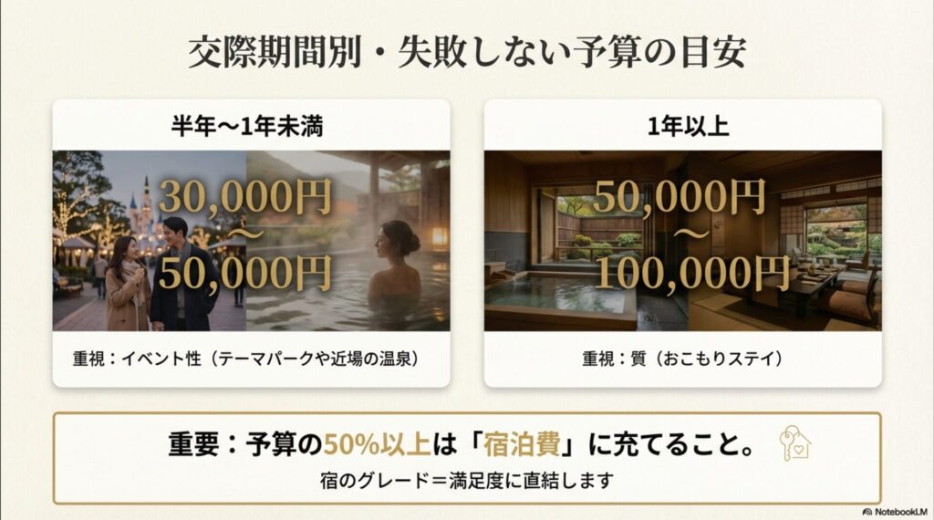 半年〜1年未満（3〜5万円・イベント重視）と1年以上（5〜10万円・質重視）の予算目安、および宿泊費を50%以上にする重要性を示すスライド