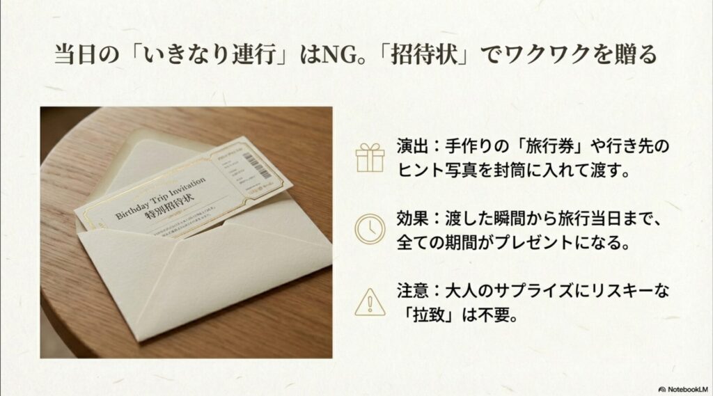 オシャレな封筒に入った「Birthday Trip Invitation」の画像と、渡した瞬間から当日までを楽しみに変える演出のメリットを説明するスライド