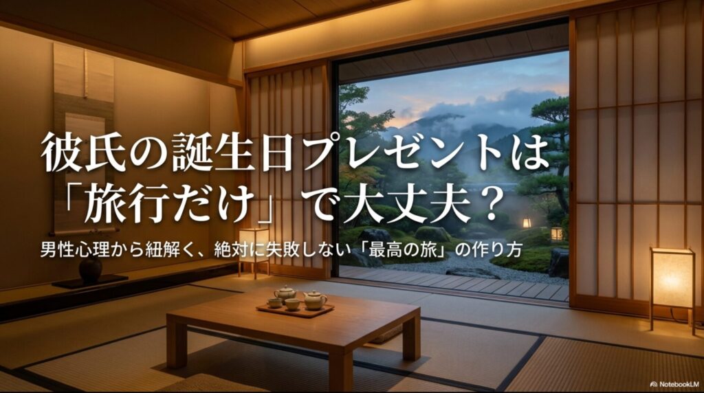 「彼氏の誕生日プレゼントは旅行だけで大丈夫？」というタイトルと、男性心理から紐解く最高の旅の作り方を解説する表紙スライド