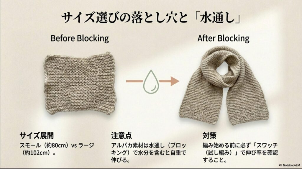 アルパカ毛糸の水通し(ブロッキング)前後におけるサイズ変化の比較