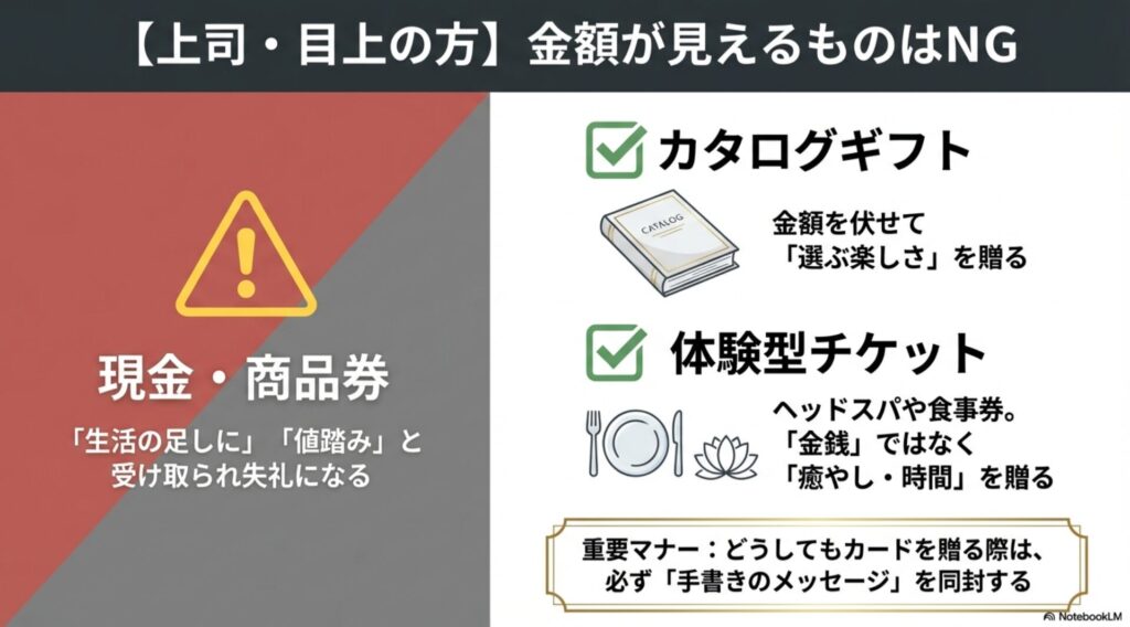 目上の方に金額が見える金券はNG。カタログギフトや体験型チケットで「選ぶ楽しさ」や「癒やし」を贈るマナー。