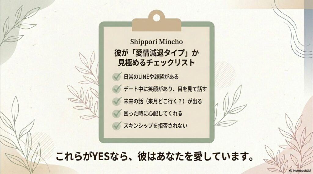 日常のLINEやデート中の笑顔、未来の話があるかなど、彼に愛情があるかを判断するための5つのチェック項目