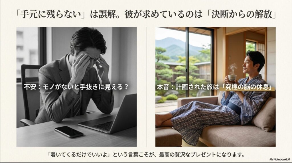 悩み顔の男性写真とともに、「手抜きに見える？」という不安に対し、実は「決断からの解放」と「脳の休息」こそが最高の贅沢であると説明するスライド