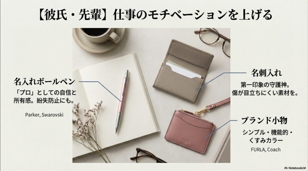 名入れボールペン（パーカー、スワロフスキー）、名刺入れ、ブランド小物（フルラ、コーチ）などのビジネスアイテム紹介。
