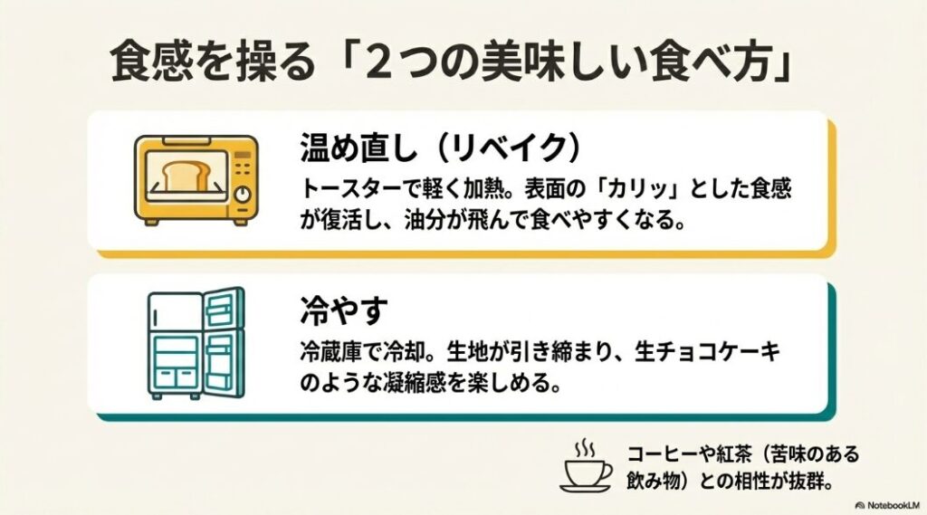 トースターで温めてカリッとさせるリベイクと、冷蔵庫で冷やして生チョコ感を楽しむ2通りの食べ方