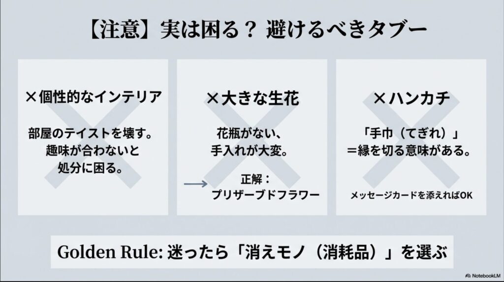 個性的なインテリア、大きな生花、ハンカチを避けるべき理由と、代わりの案としてプリザーブドフラワーや消耗品を推奨する内容。