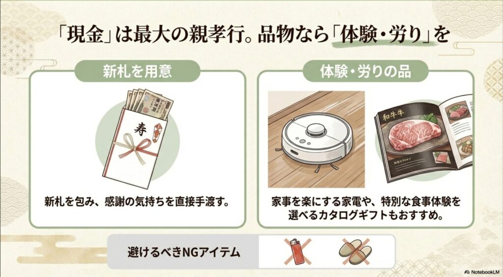 ご祝儀袋、ロボット掃除機、和牛のカタログギフトのイラスト