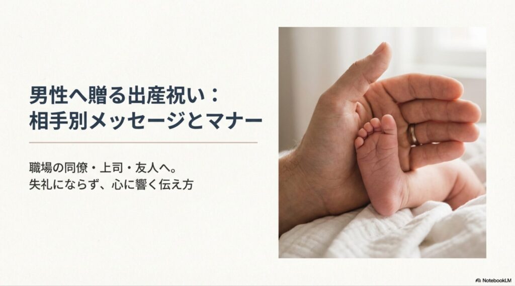 「男性へ贈る出産祝い：相手別メッセージとマナー」というタイトルのスライド画像。赤ちゃんの足と大人の手の写真。