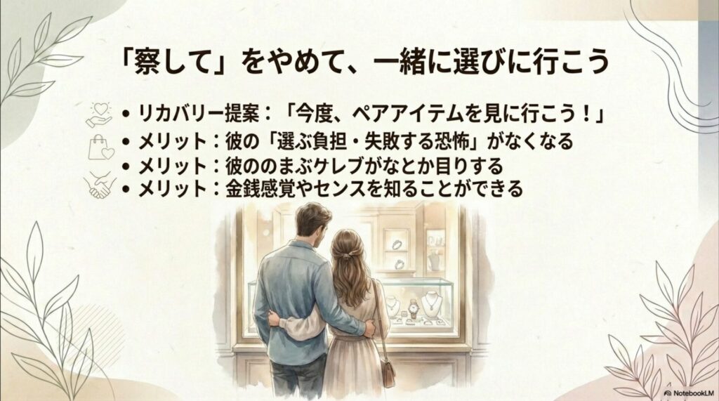 二人でペアアイテムを選びに行くリカバリー提案のメリット（彼の負担軽減、センスの把握など）をまとめたスライド