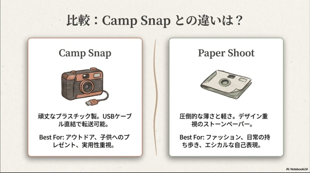 頑丈でUSB直結可能なCamp Snapと、薄型でデザイン重視のPaper Shootを比較したイラスト。