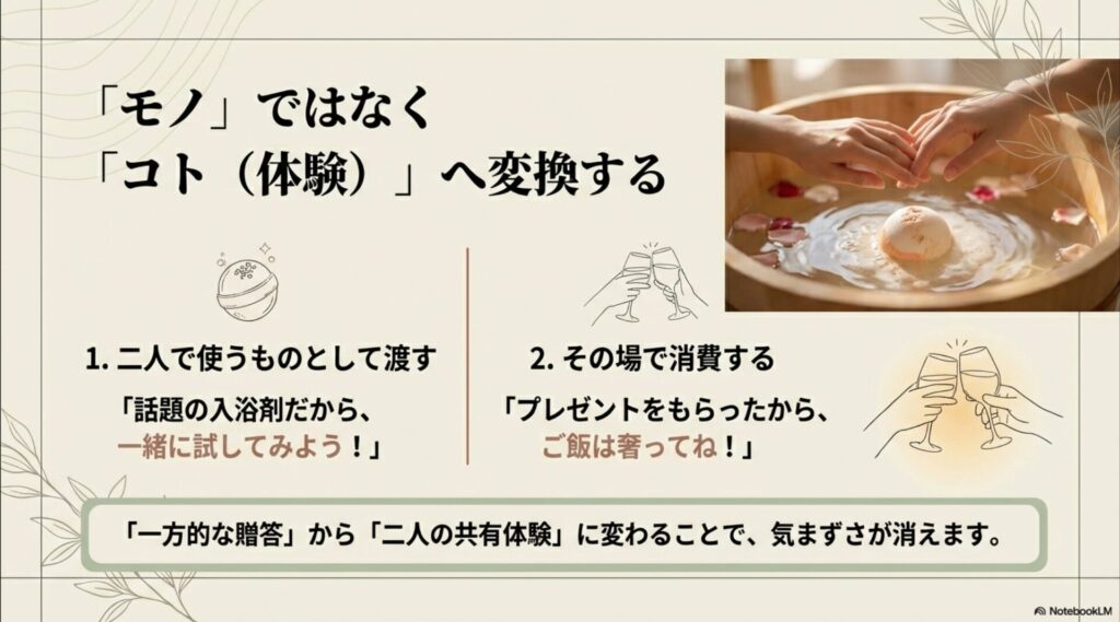 二人で使うものとして渡したりその場で消費したりすることで気まずさを消す方法の解説