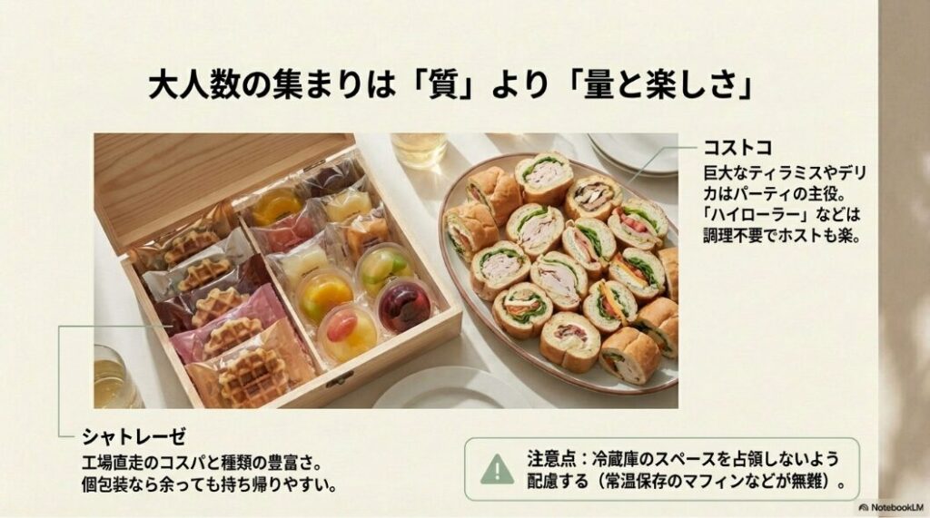 ストコのハイローラーやシャトレーゼの焼き菓子など、大人数の集まりに適した量と楽しさを重視した手土産の紹介。