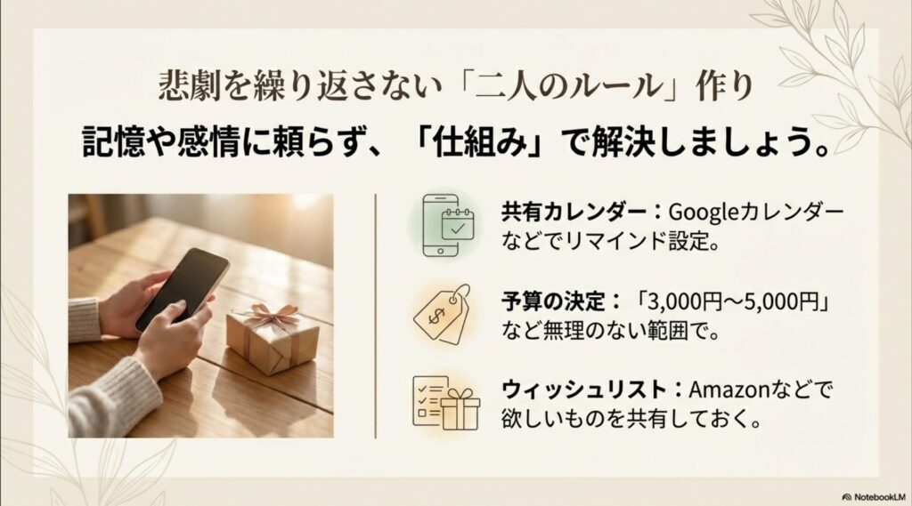 共有カレンダー、予算決定、ウィッシュリストの活用など二人のルール作りを提案するスライド