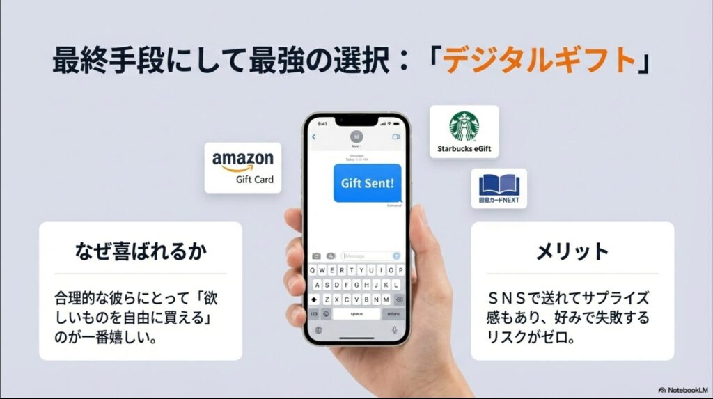スマホで送れるAmazonギフトカードやスタバeGiftのイメージと、好みの失敗リスクがゼロであるというメリット。
