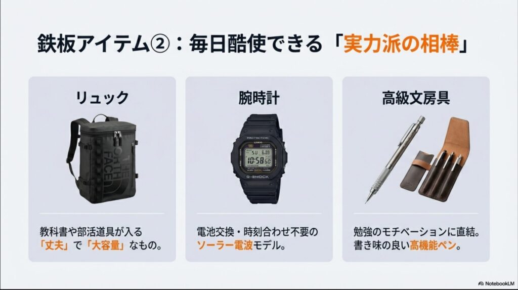 丈夫なリュック、ソーラー電波時計、高機能な高級文房具の画像と、それぞれの実用的なメリットの解説。