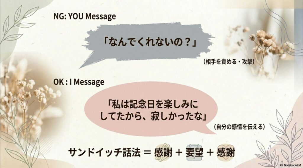 相手を責めるYOUメッセージと自分の感情を伝えるIメッセージの違い、および感謝で要望を挟むサンドイッチ話法の解説