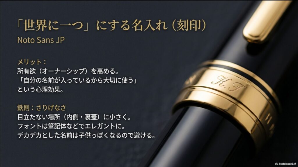名前が刻印された金属プレートの画像。さりげない場所への刻印や、フォント選びの重要性など、大人っぽい名入れの鉄則を解説。