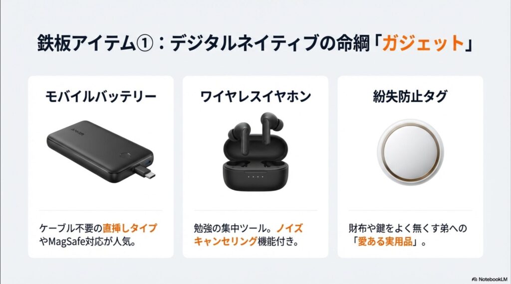 モバイルバッテリー、ワイヤレスイヤホン、紛失防止タグの画像と、それぞれのメリット（ノイキャン、MagSafe対応等）の解説。