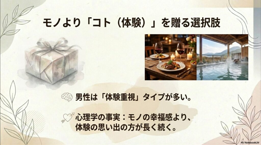 男性に多い「体験重視」タイプに合わせ、モノよりも思い出の方が幸福感が長く続くという心理学的事実を解説