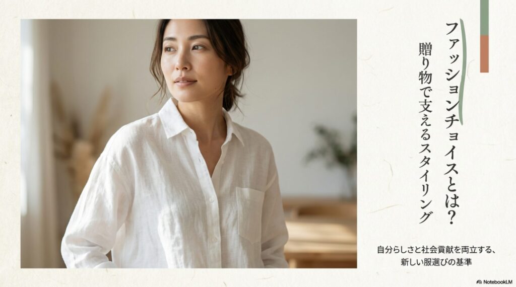 従来の基準(天気、気温、TPO)から、現代の基準(自己表現、機能性、社会への貢献)への変化を示したスライド。服選びは地球の未来と自分のあり方を選ぶことであると説明しています。