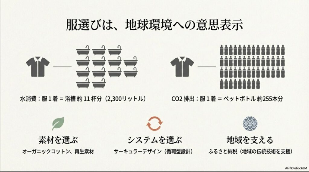 服1着を作るのに必要な水消費量が浴槽約11杯分(2,300リットル)、CO2排出量がペットボトル約255本分であることを示すインフォグラフィック。オーガニックコットンや再生素材の選択を推奨しています。