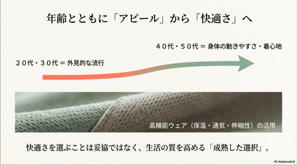 20代・30代は外見的な流行を重視するのに対し、40代・50代は身体の動きやすさや着心地といった「快適さ」を重視する成熟した選択へと変化することを示した比較図。