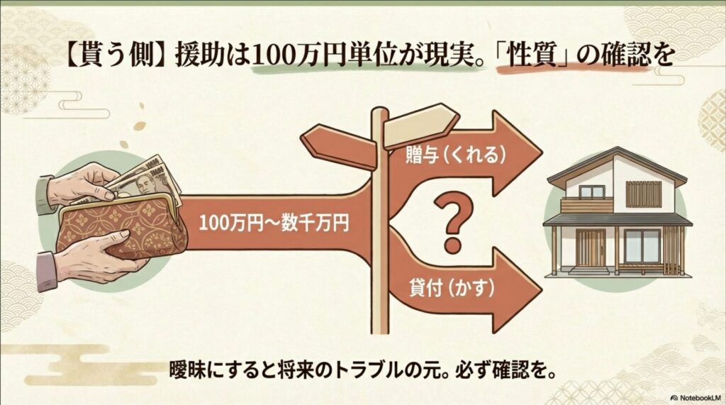 親からの援助金が贈与か貸付かを確認する重要性を示すイラスト