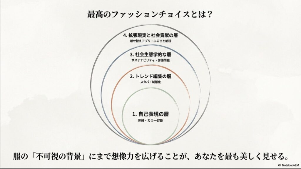 ファッションチョイスの構造を4つの層(自己表現、トレンド編集、社会生態学的、拡張現実と社会貢献)で表した同心円状の図。服の不可視の背景にまで想像力を広げることの大切さを説いています。