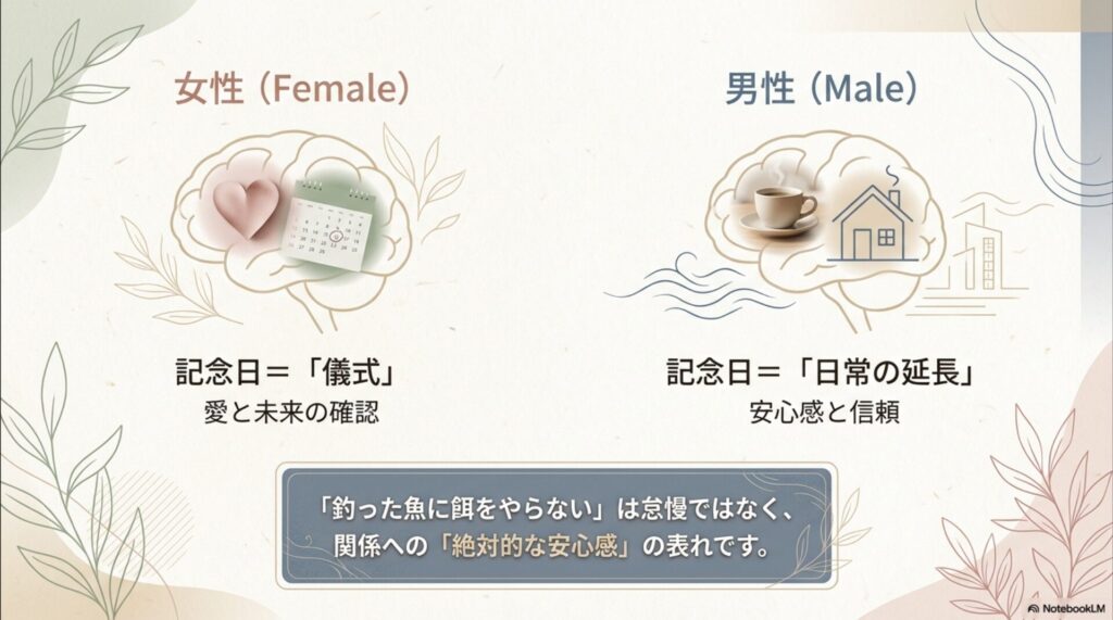 女性は記念日を儀式（愛の確認）、男性は日常の延長（安心感）と捉える心理的な違いを比較した図解