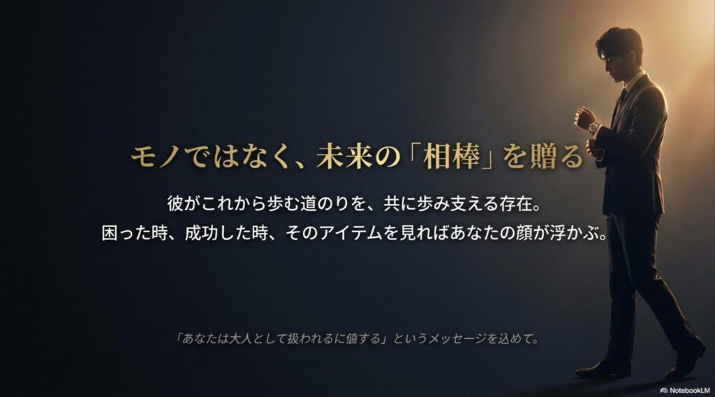 これから歩む道のりを支える存在としてのプレゼント。大人として扱われるに値するというメッセージを込めたスライド。
