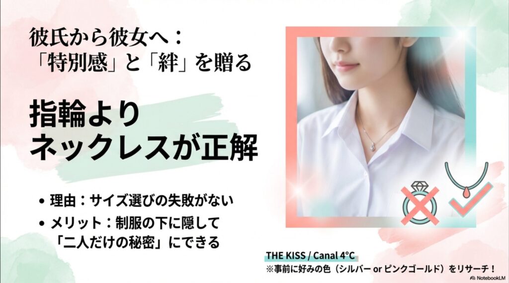 彼氏から彼女へ。指輪よりサイズ選びの失敗がないネックレスが正解。制服の下に隠して「二人だけの秘密」にできるメリットの解説。