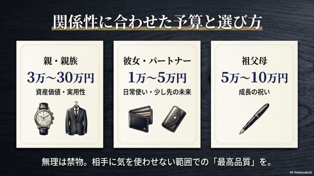 親・親族(3万〜30万円)、彼女(1万〜5万円)、祖父母(5万〜10万円)など、関係性に応じた予算と選び方の目安をまとめた表。