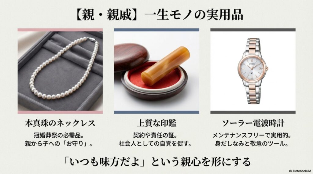 親から子への贈り物として、本真珠のネックレス、上質な印鑑、ソーラー電波時計の3点を紹介するスライド。