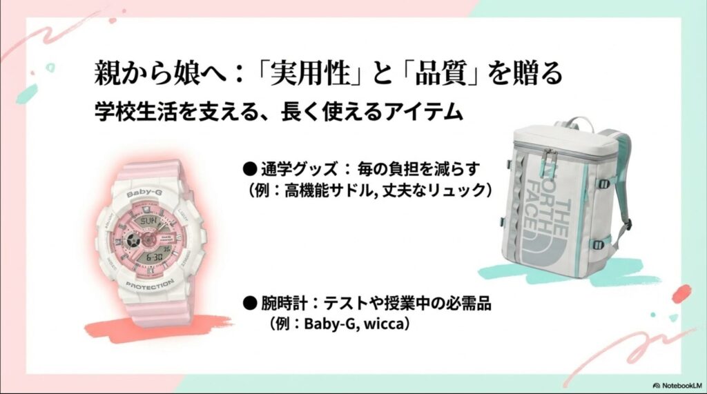 親から娘へ。学校生活を支えるBaby-Gなどの腕時計や、THE NORTH FACEのリュックなど、長く使える高品質なアイテムの紹介。
