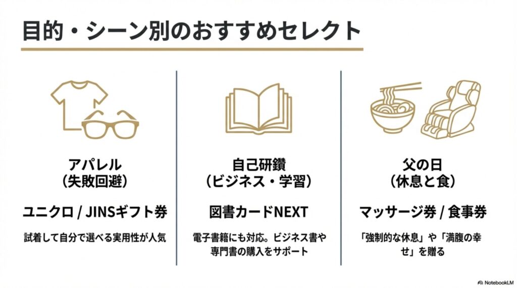 アパレル、自己研鑽、父の日など、目的別の具体的なおすすめギフトカード（JINS、図書カードNEXT、食事券など）のまとめ。
