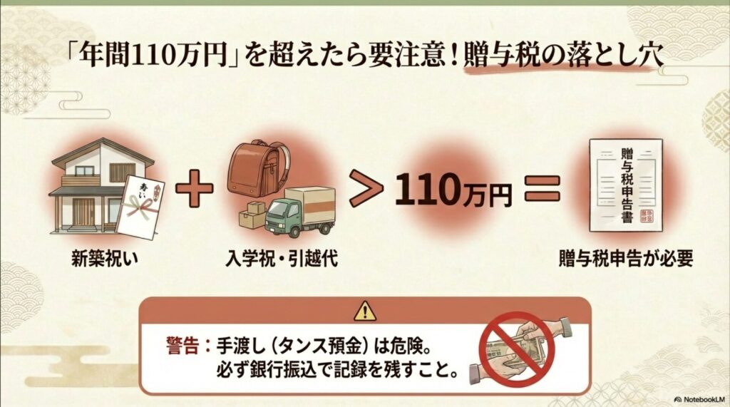 年間110万円を超えると贈与税申告が必要という警告と現金手渡しの禁止マーク
